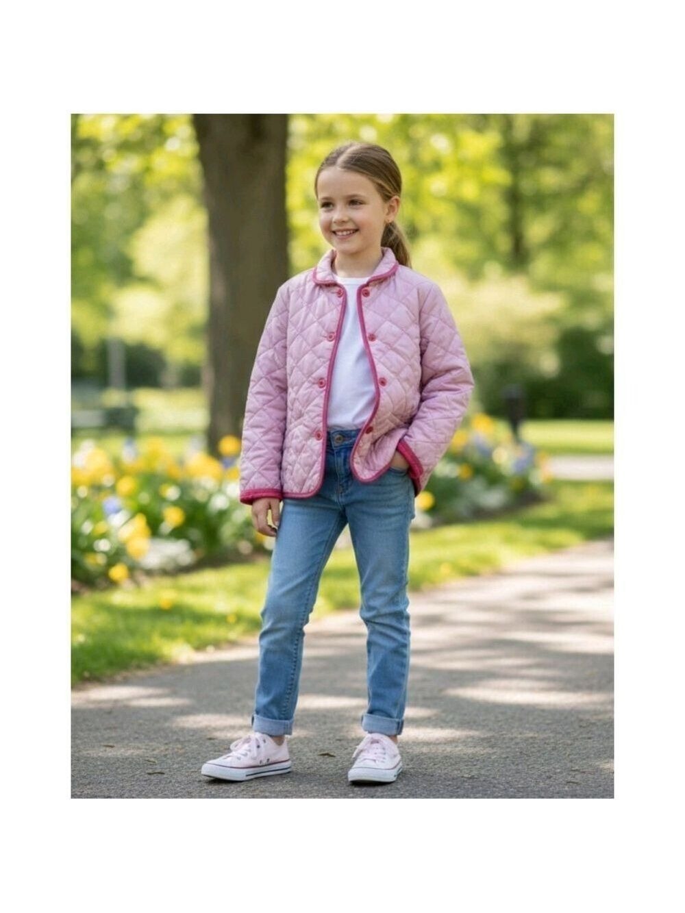 Lands End Quilted Coat Girl M 10-12 Jacket Pink Corduroy Chore Barn Preppy